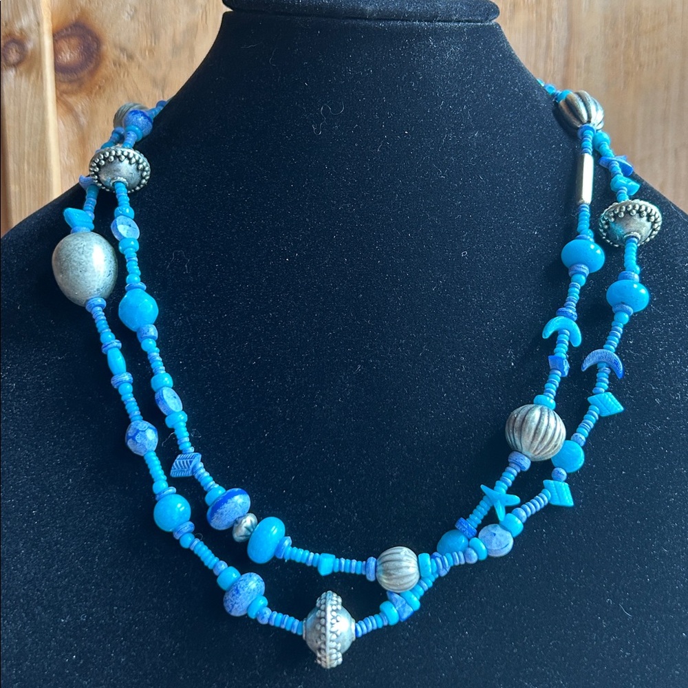 Turquoise Beaded 23” long Strand Necklace with Silver Accents